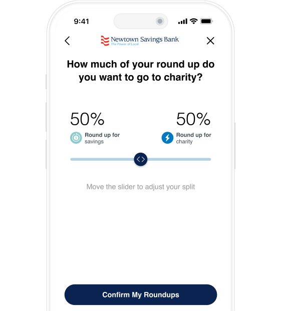 Online Banking widget of Round Up Savings showing 50% round up to savings and 50% round up for charity.