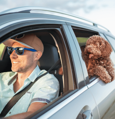 Man driving car with his dog