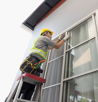 Picture of man installing window.