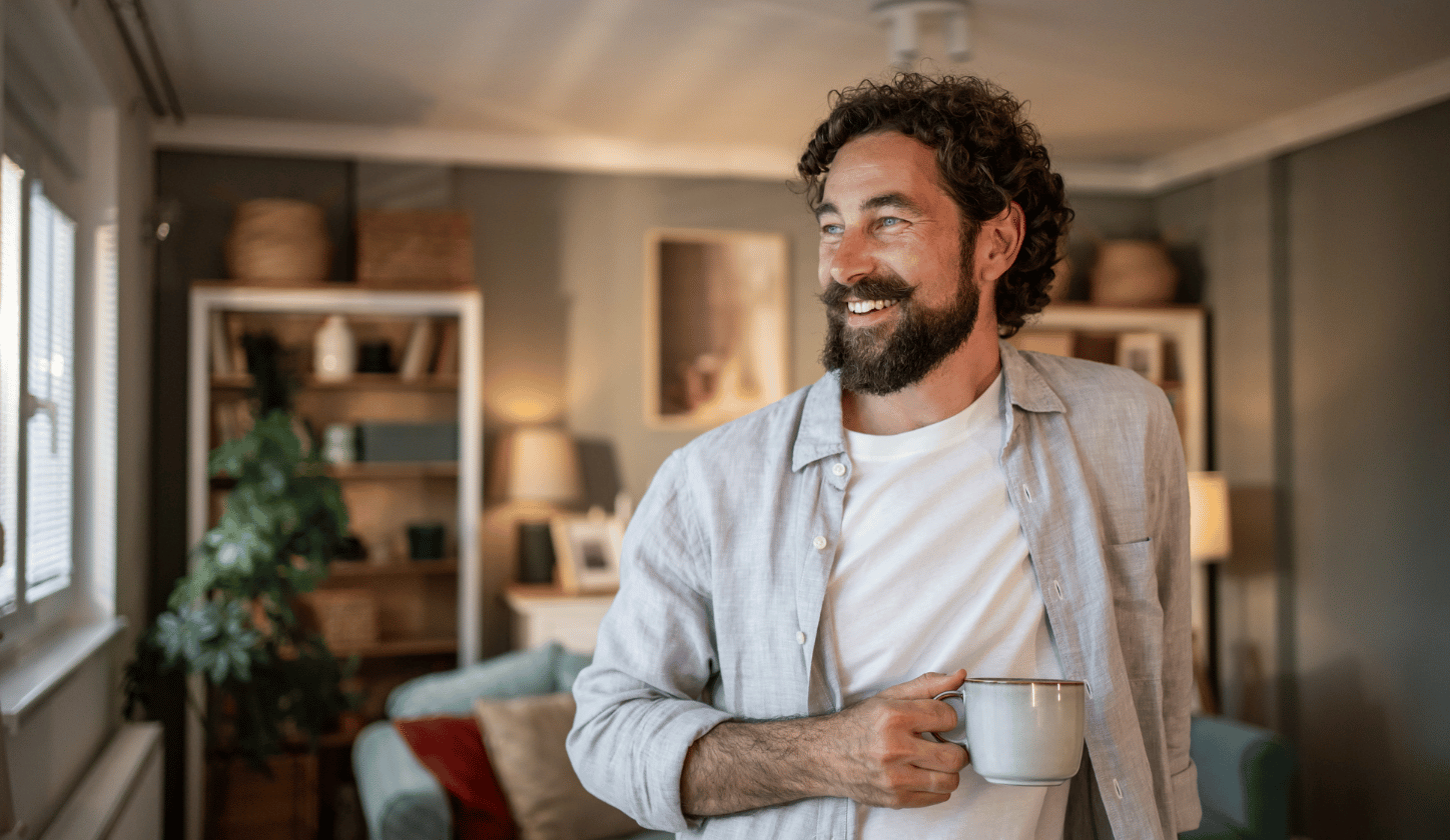 Man drinking coffee and smiling